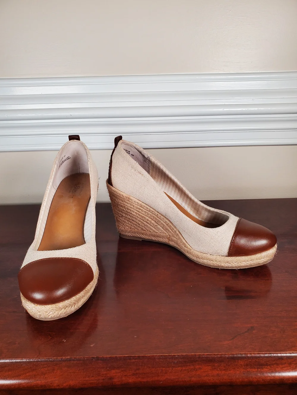 G.H. Bass & Co. - Kaitlyn Beige Canvas and Brown  Faux Leather Espadrille Wedges